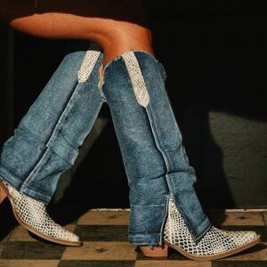 DINGO Shabby Western Tall Boots Size 10 Denim Blue Lizard Leather NEW